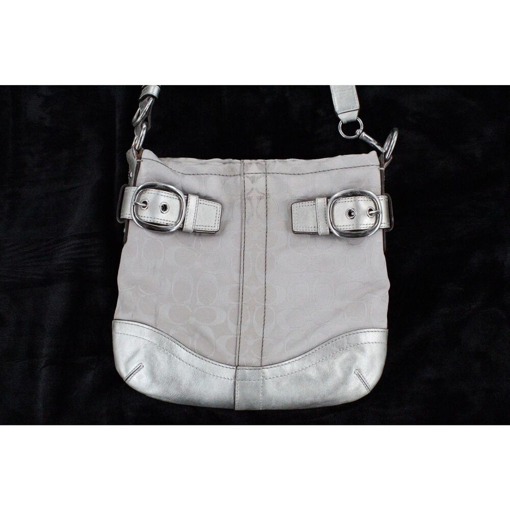 Coach Signature Jacquard Canvas Leather Shoulder Bag F17088 Buckle Silver Y2K